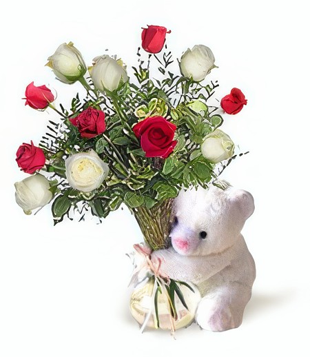 Bear w/ Red & White Roses