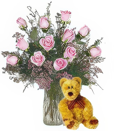 Bear w/ 1-Dz Pink Baby Girl Roses