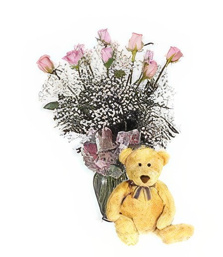 Bear w/ 1-Dz Pink Birthday Roses