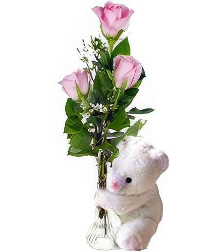 3 Pink Love Roses & Bear