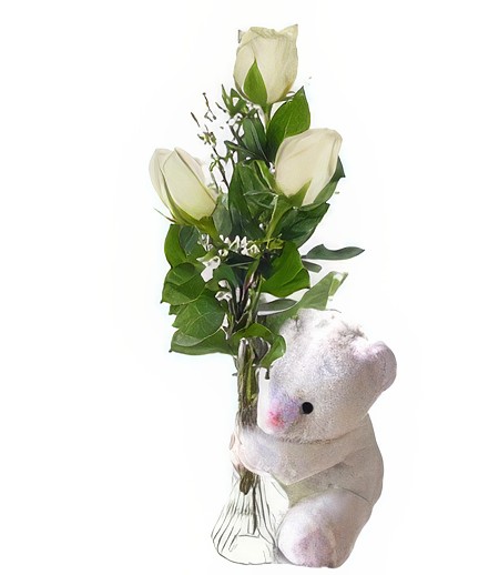 3 White Anniversary Roses & Bear