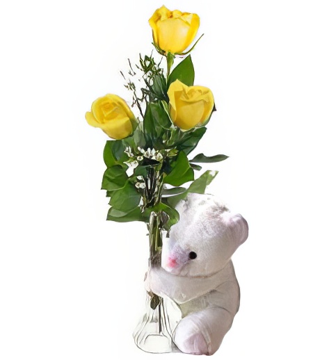 3 Yellow Anniversary Roses & Bear