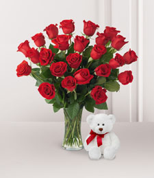 2 Dozen Long Stem Red Roses and Hugs with Vase