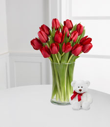 Red Carpet Ready Tulip Bouquet with Bear - 15 Stems