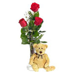 3 Red Love Roses & Bear