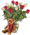 Bear w/ 1-Dz Red & White Thinking of You Roses